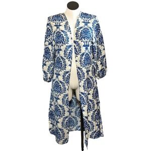 Blue Damask Floral Longline Kimono Cardigan Open Front Balloon Sleeve Medium
